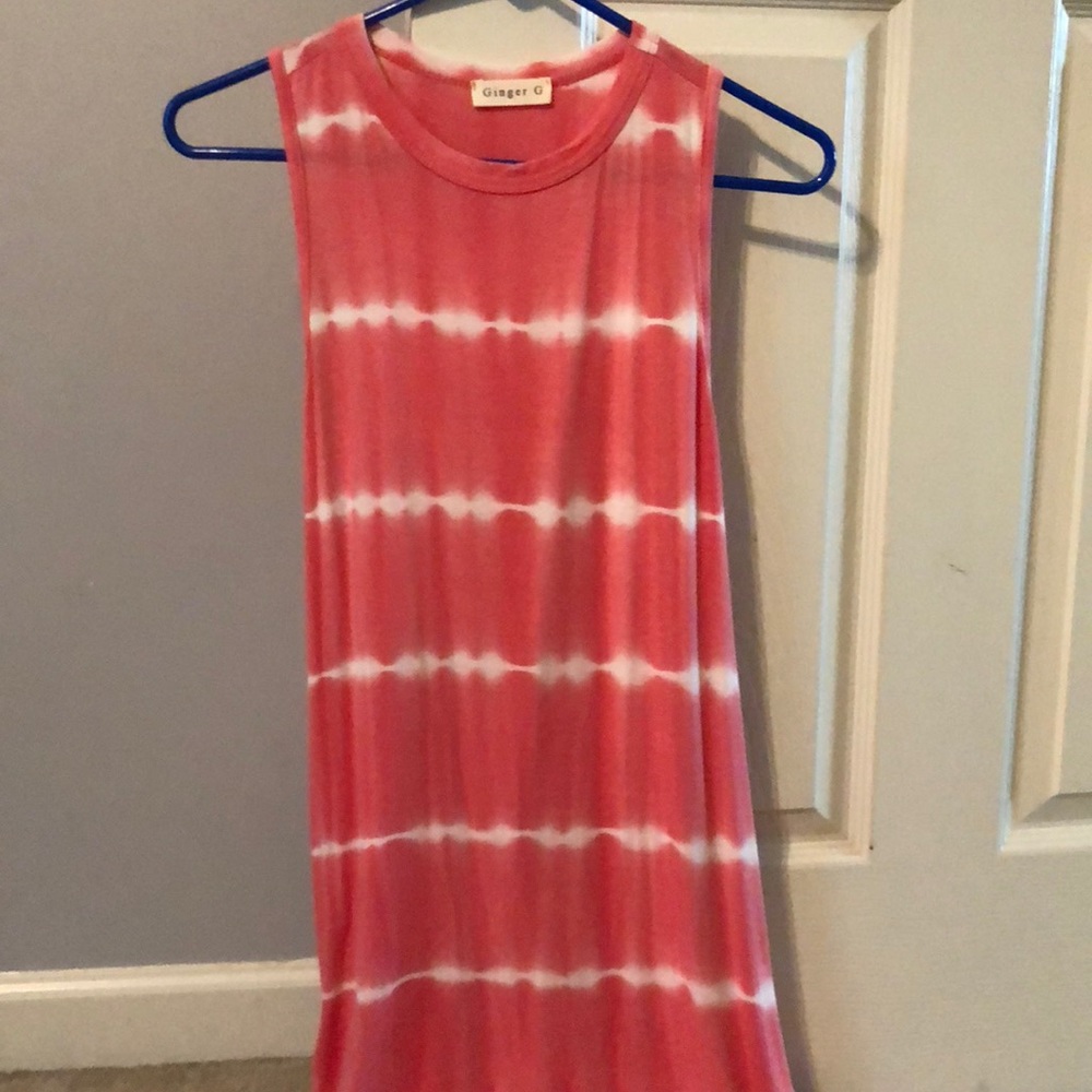 coral and white striped dress